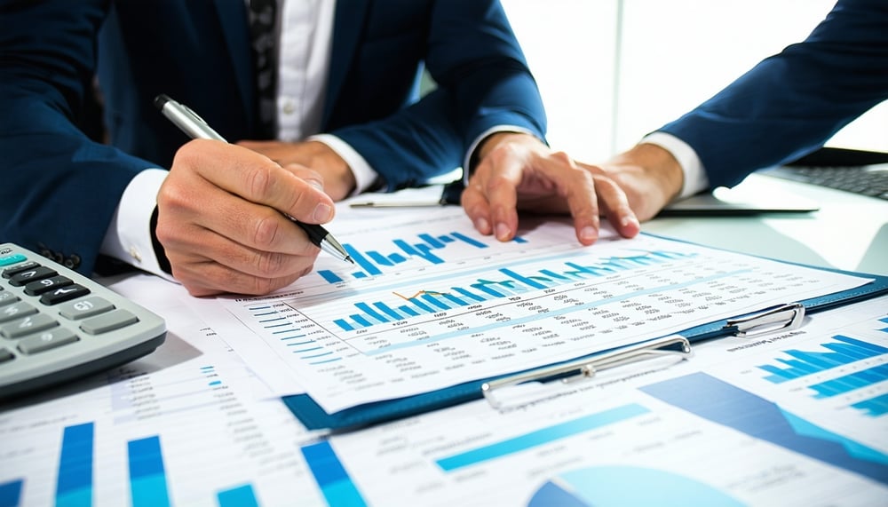 Professional CFO analyzing financial reports with a business owner Professional CFO analyzing financial reports with a business owner